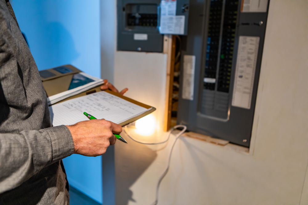 An expert technician inspecting an electrical panel with a checklist on a clipboard